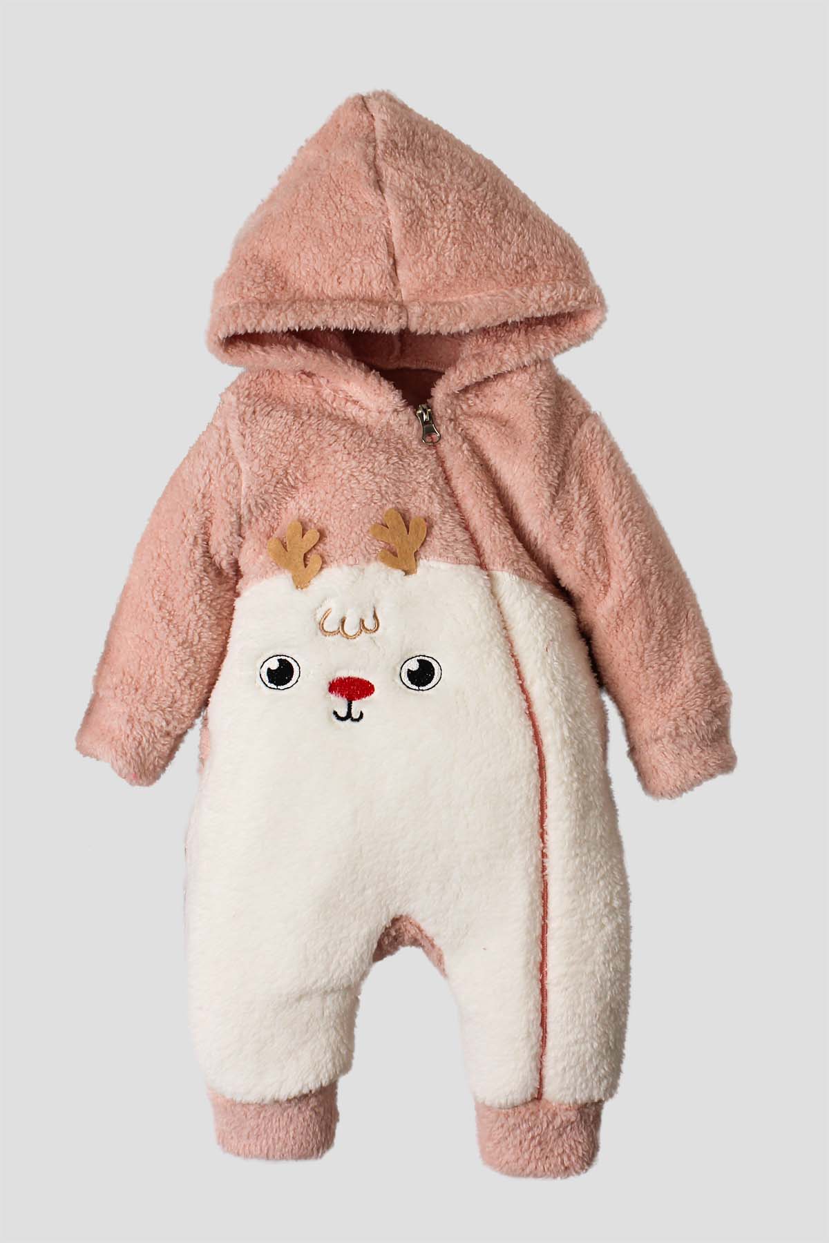 Kız Bebek Geyik Desenli Kalpli Sırt Detaylı Fermuarlı Peluş Tulum 0-12 Ay